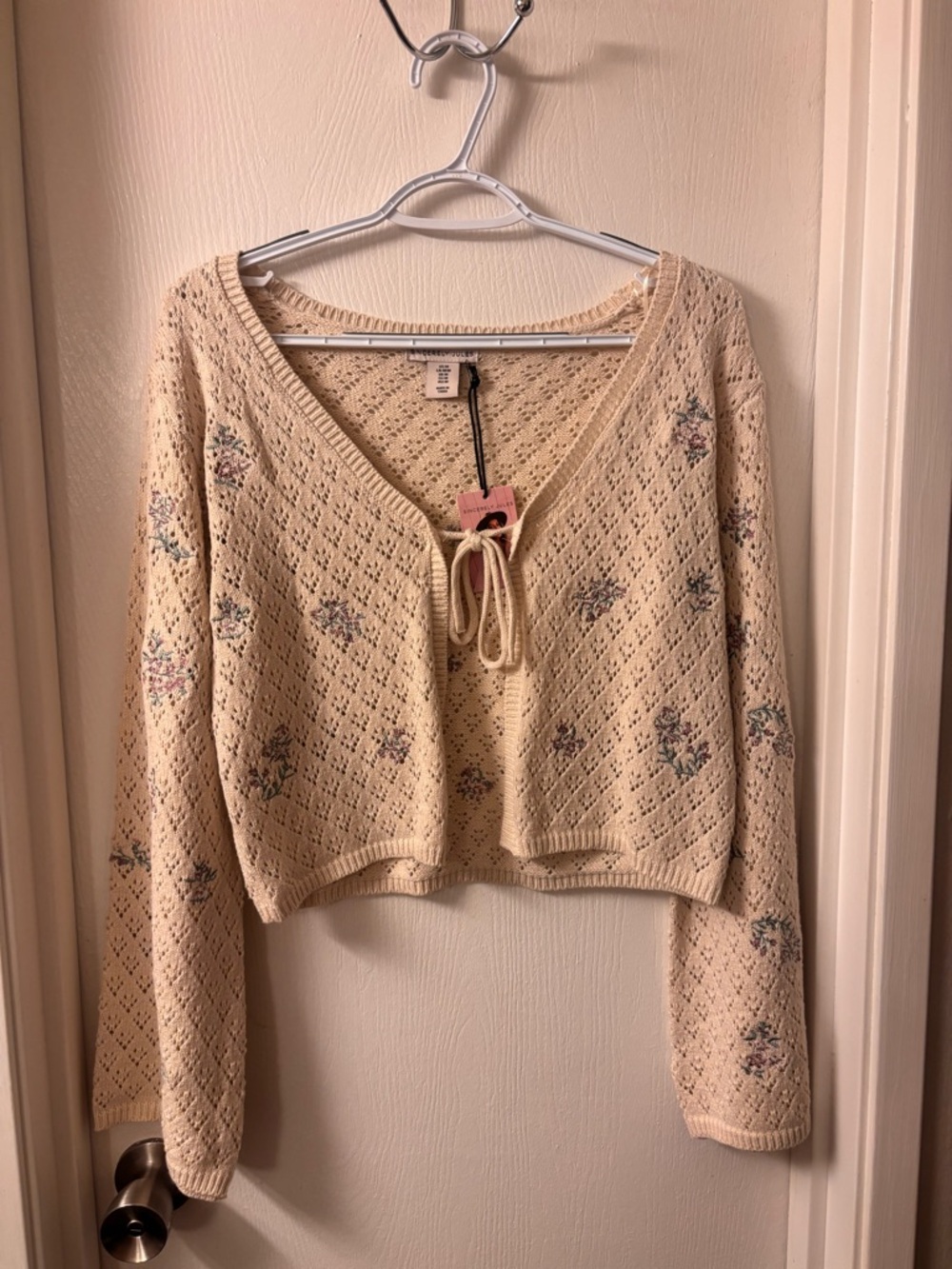 Sincerely Jules Cream Openwork Cropped Knit Cardigan with Front Tie